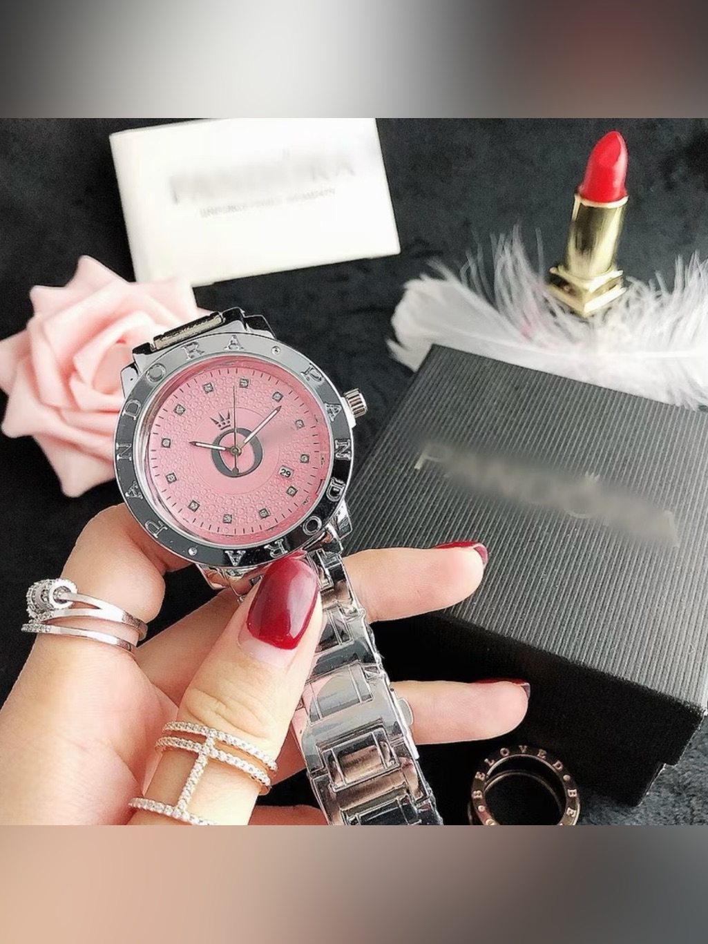 Macys Silver Bracelet Watch With Pink Dial And Crystal Markers